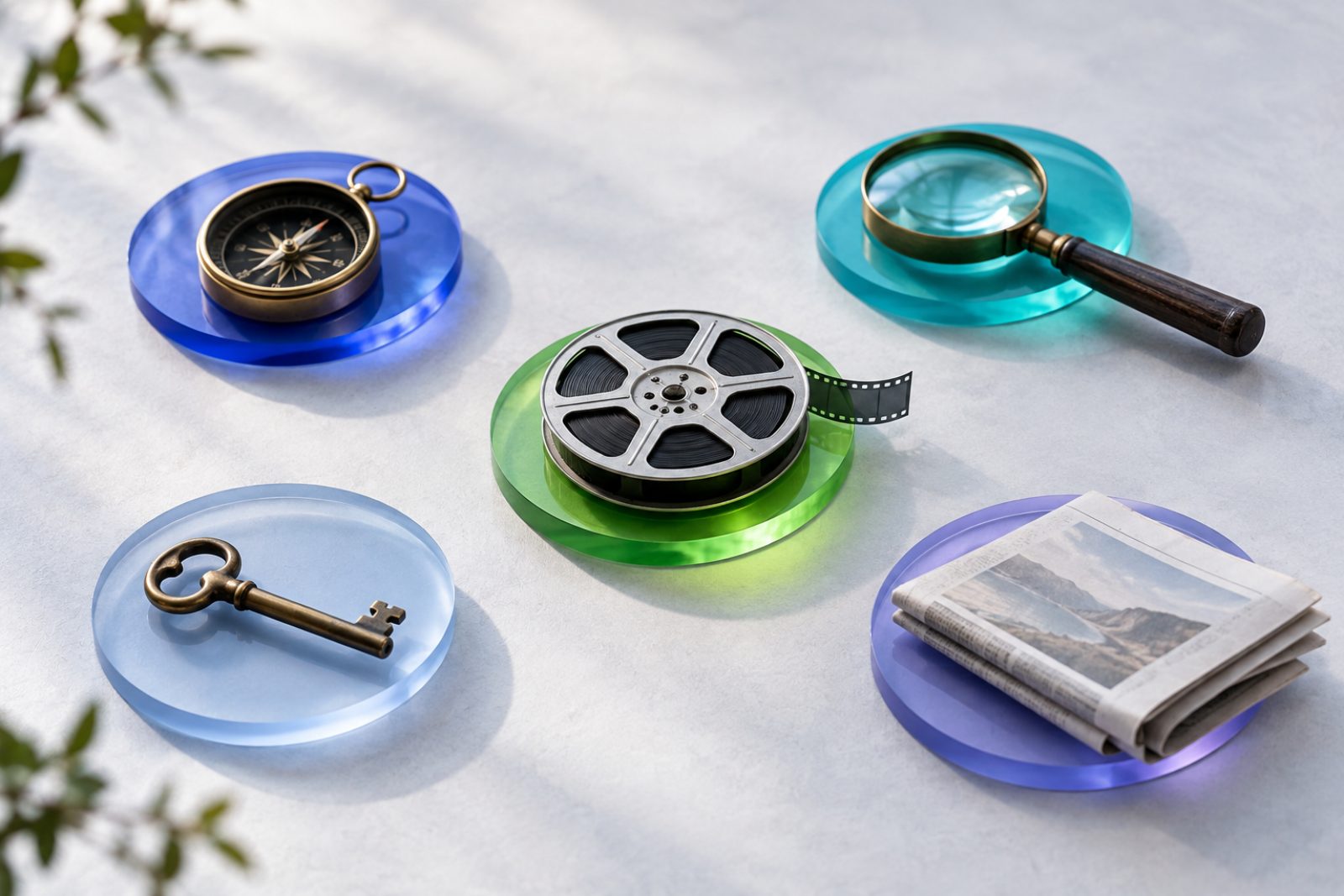 A flat lay of five objects on glowing discs, each a different tool for a different job