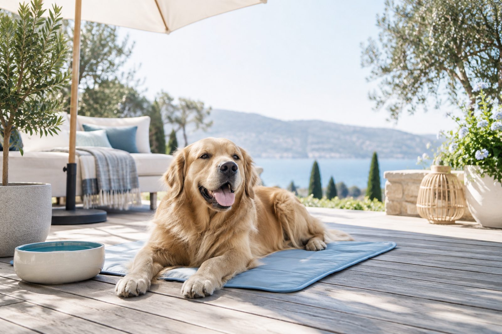 A dog resting on a cooling mat on a sunny summer terrace