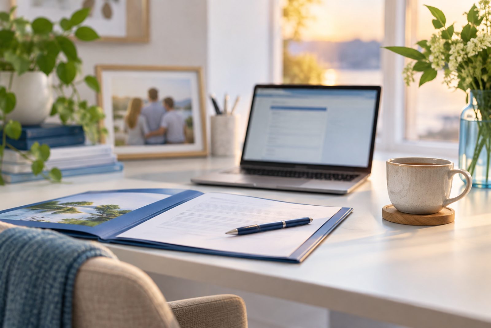 A calm home office desk with an open folder and laptop, representing an insurance lead