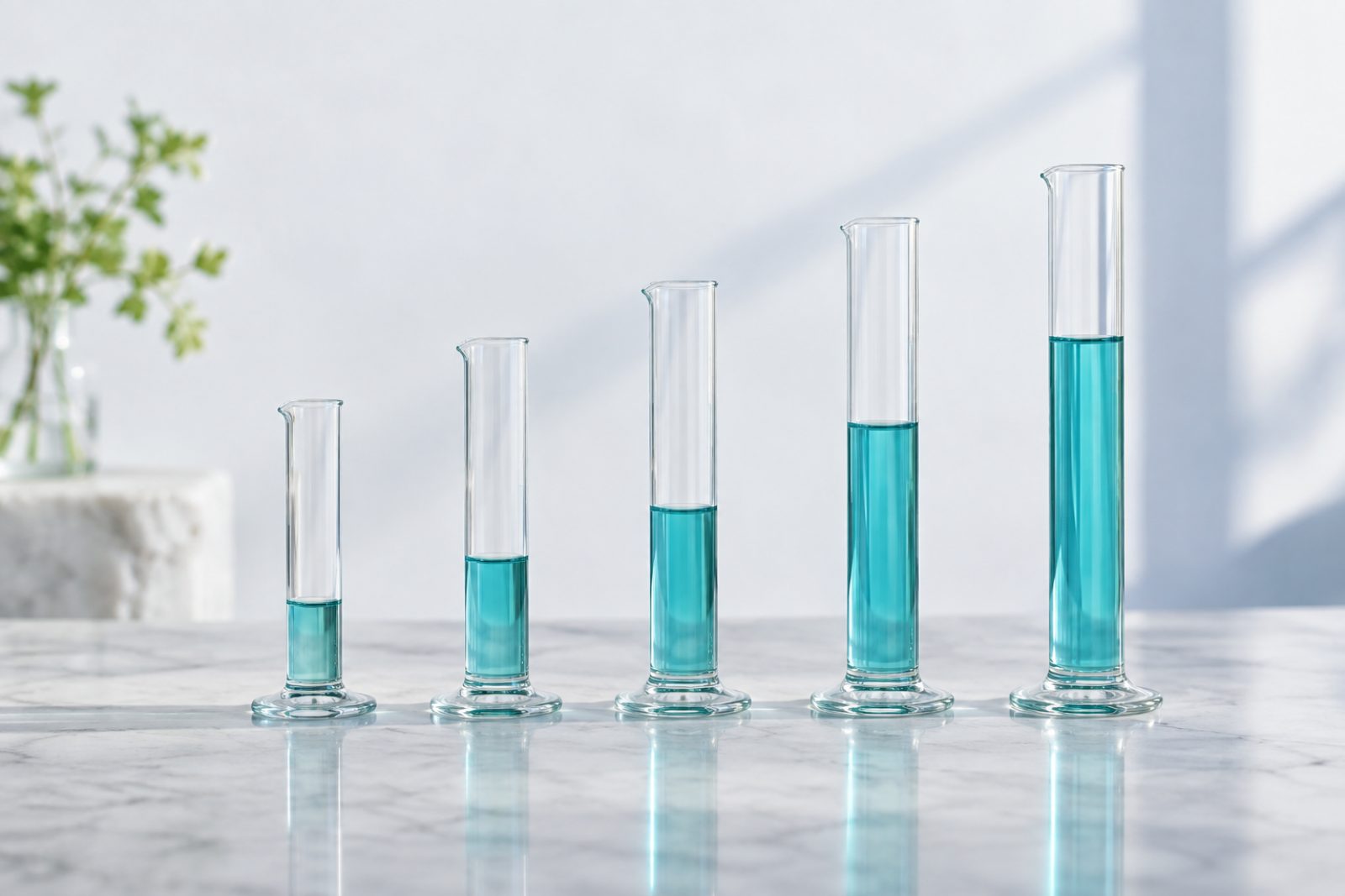 Five glass measuring cylinders filled with teal liquid to rising levels.