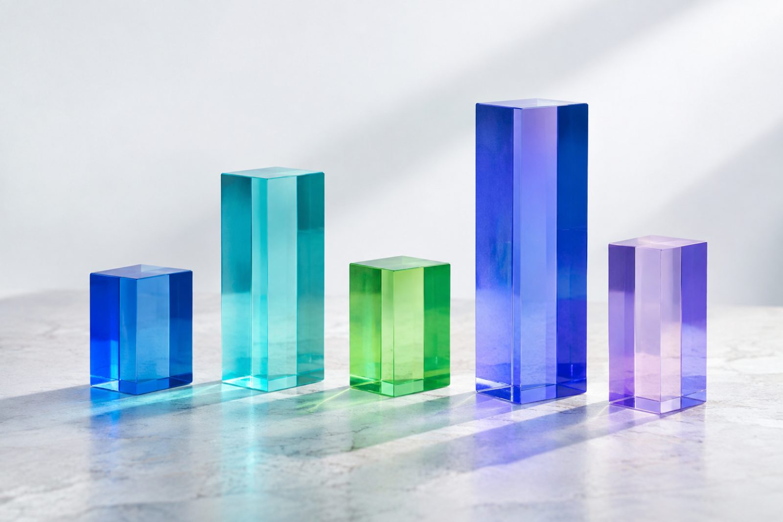 Five glowing acrylic blocks of different heights, an abstract comparison of native ad platforms