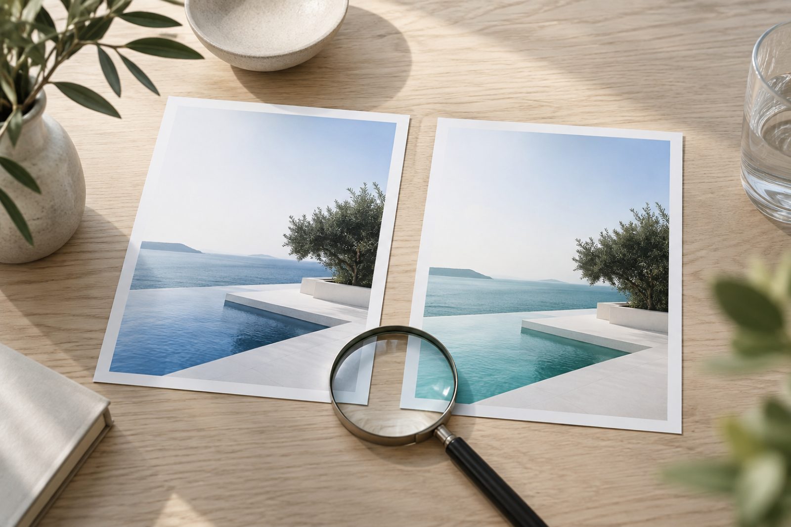 Two nearly identical ad cards compared side by side with a magnifying glass