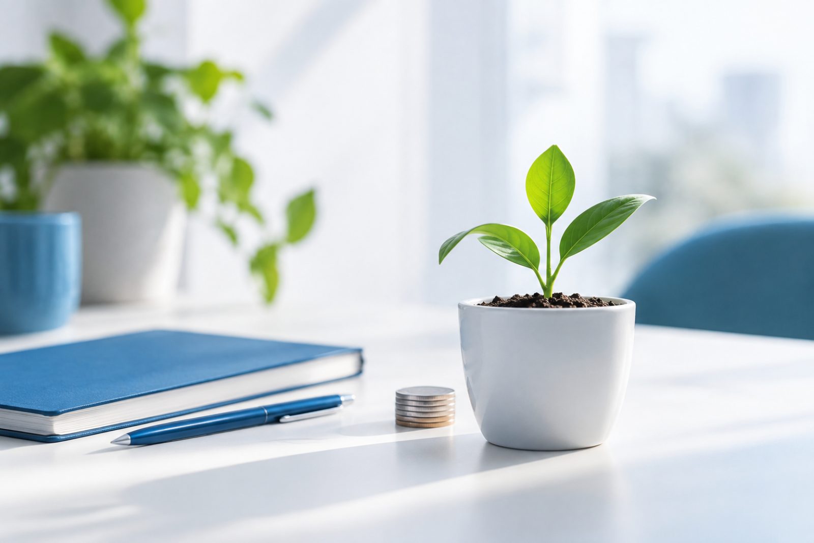 A small seedling next to a few stacked coins and a notebook, representing a careful small budget