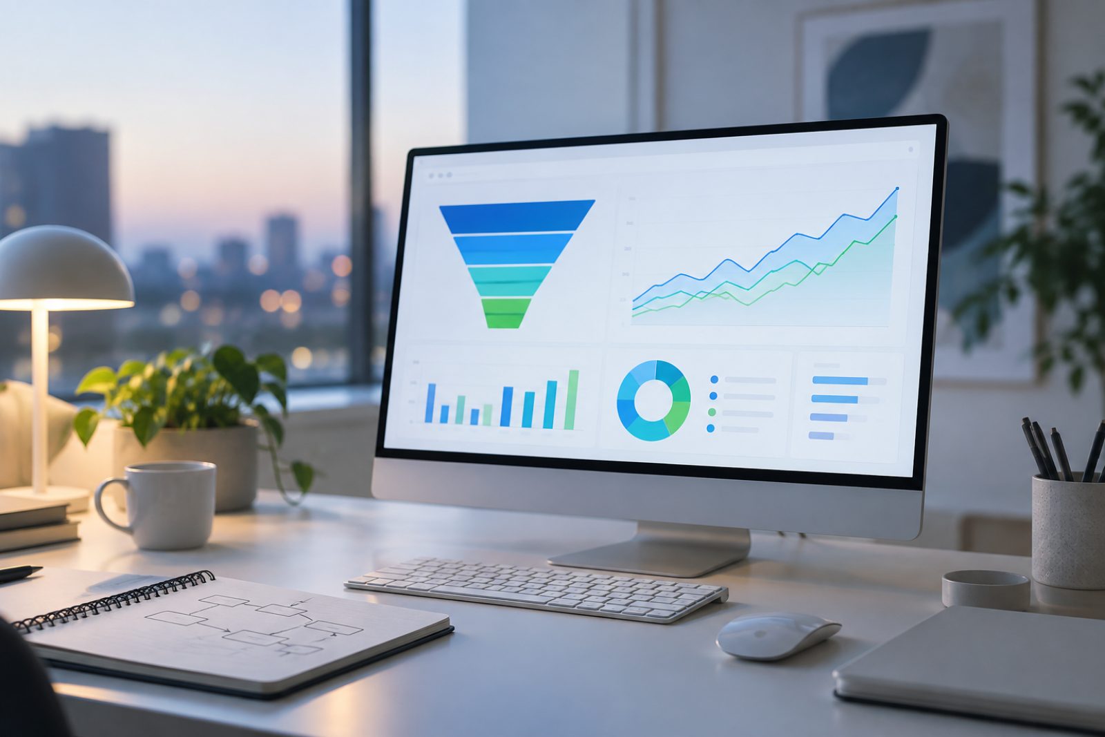 An analytics dashboard with a funnel chart on a monitor in a calm office