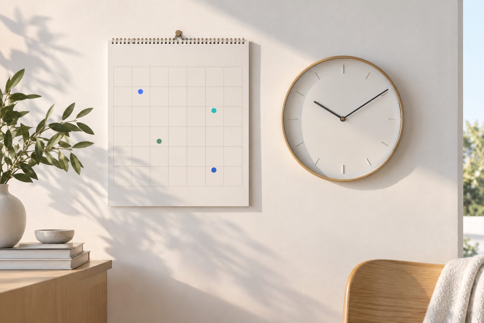 A minimalist clock beside a calendar with a few days marked, representing campaign timelines