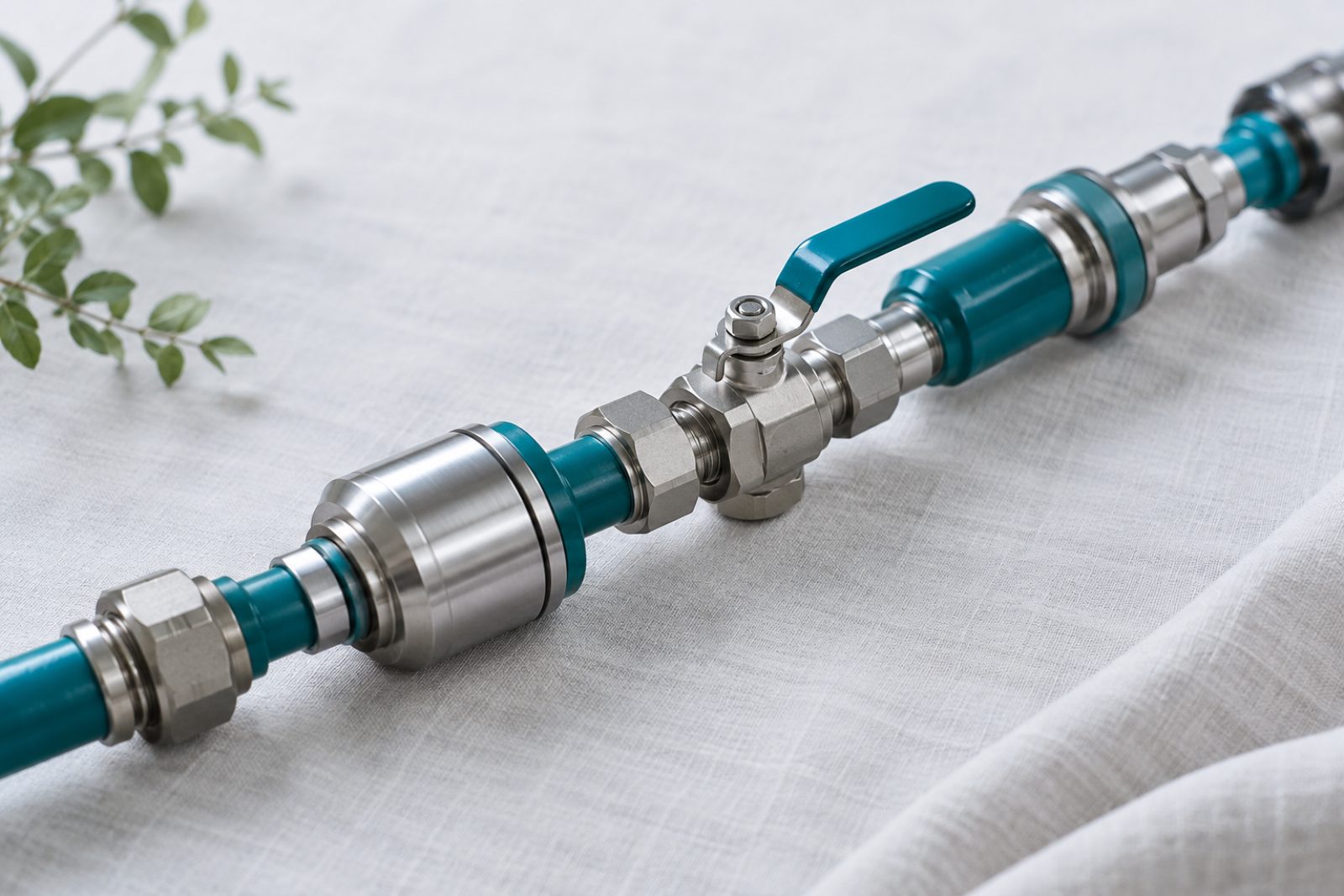 Steel and teal pipe fittings joined into one continuous line on a pale surface.