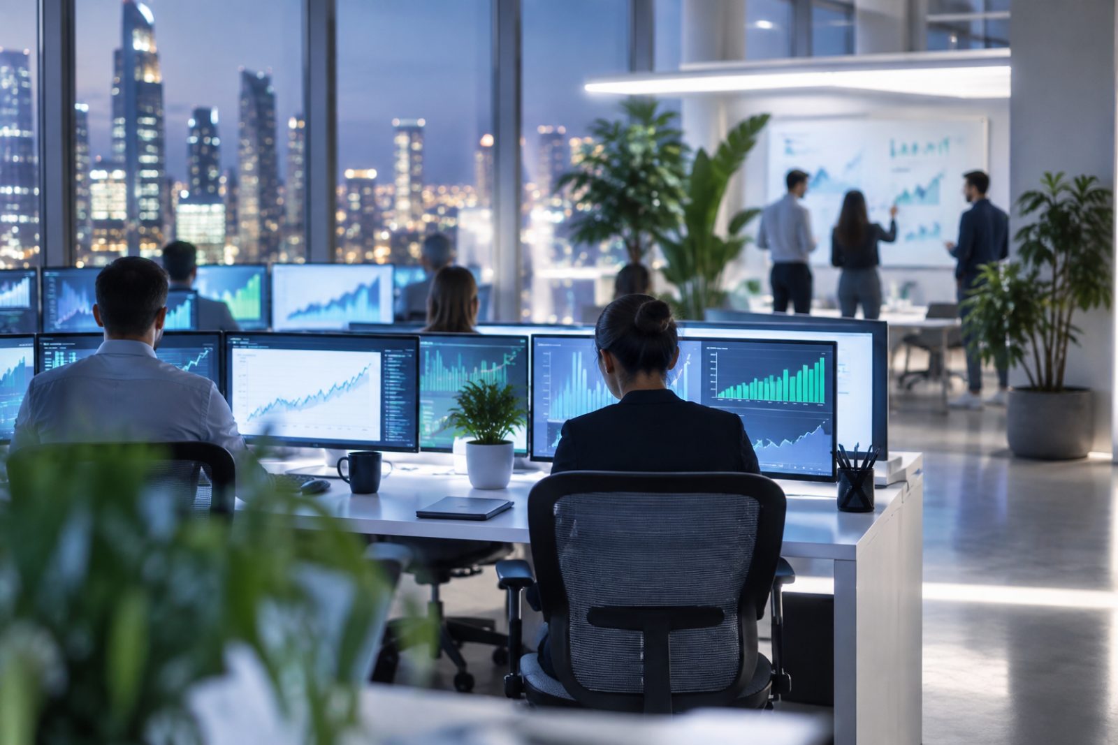 A media buying team working late in front of monitors showing rising performance charts