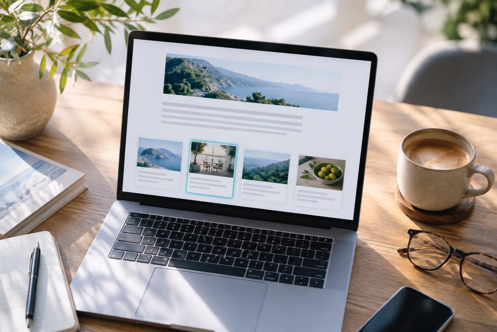 A laptop on a desk showing a news article with a grid of recommended stories, one of them a native ad