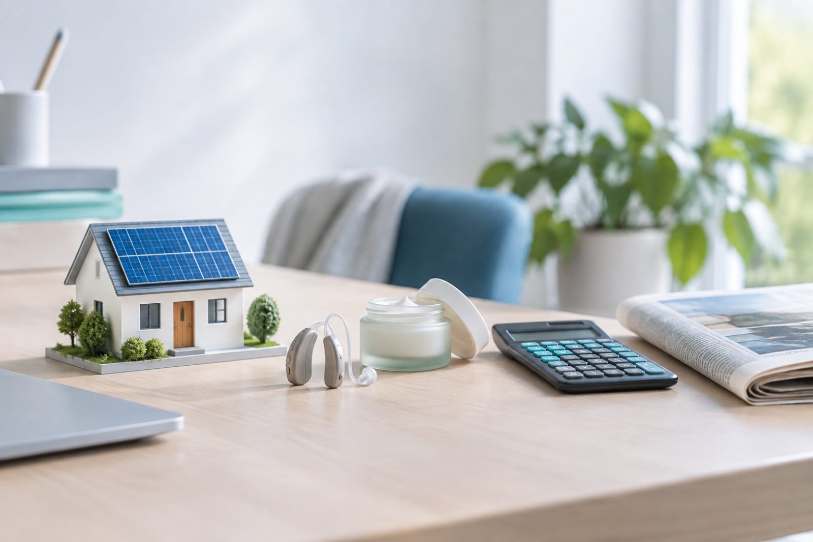 Small objects for different industries arranged in a row on a desk, including a model house with solar panels, hearing aids and a skincare jar.
