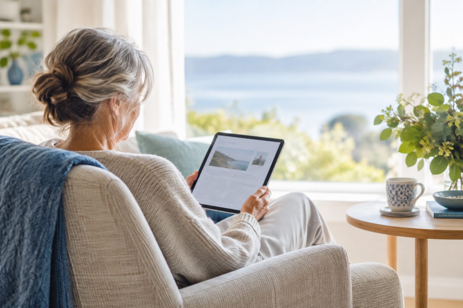 A reader absorbed in a news article on a tablet in a sunlit armchair